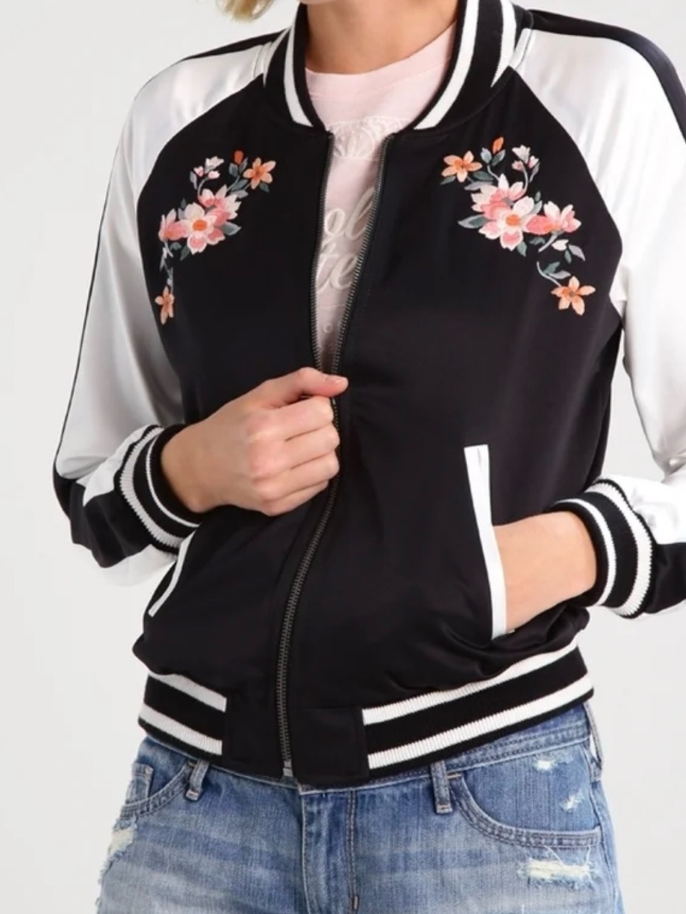Hollister Black and White Bomber with Pink Embroidered Florals.Reversible.XL